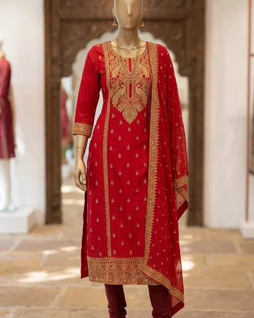 Premium silk kurti in deep red on display