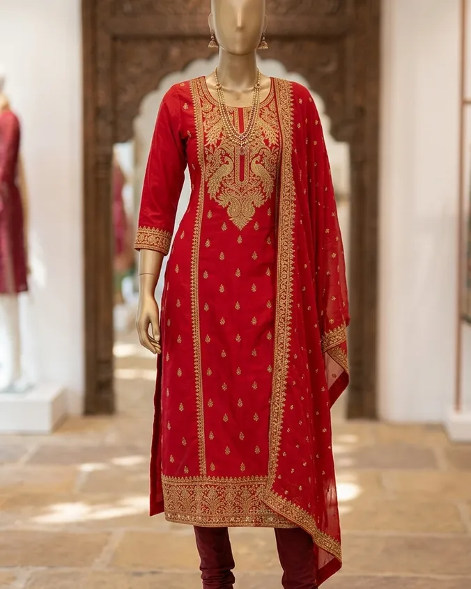 Premium silk kurti in deep red on display